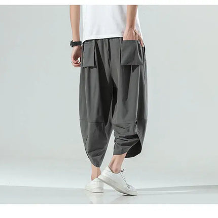 Pantaloncini Estivi da Uomo Stile Cinese Harajuku, Pantaloni Harem Oversize, Pantaloni Vintage Traspiranti a Tinta Unita, Lunghezza al Polpaccio