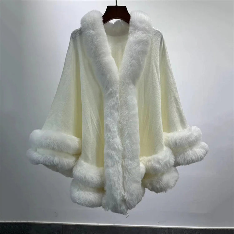5 Colors 2024 Women 2 Circle Faux Rabbit Fur Cape Poncho Winter Loose Warm Shawl Outerwear Cashmere Cloak Overcoat