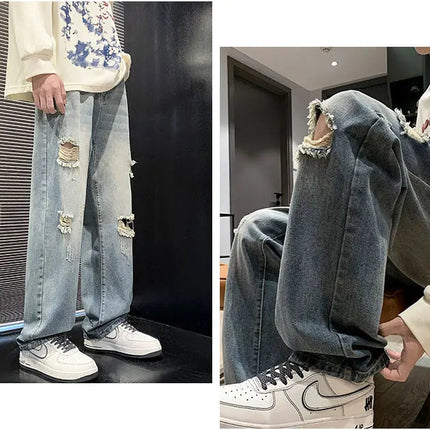 New vintage casual loose fit men's jeans with high street style straight leg denim pants for teenagers, torn knees and damaged PlatiNum