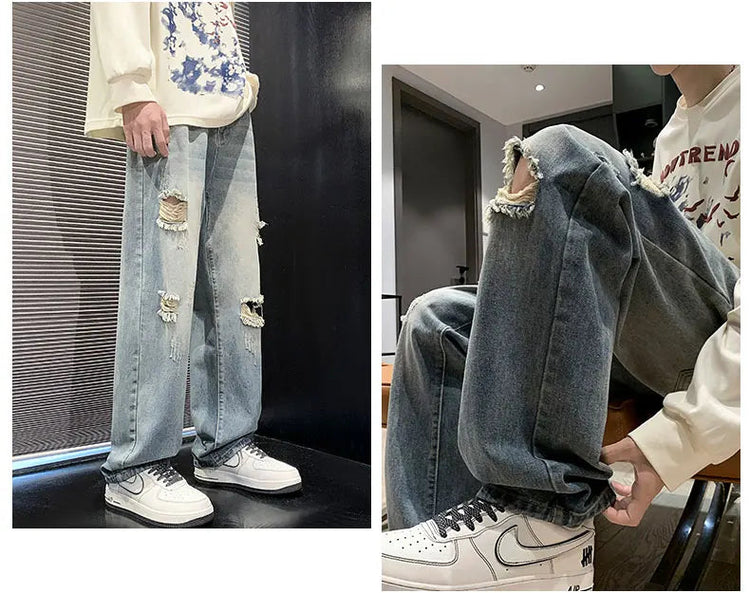 New vintage casual loose fit men's jeans with high street style straight leg denim pants for teenagers, torn knees and damaged PlatiNum