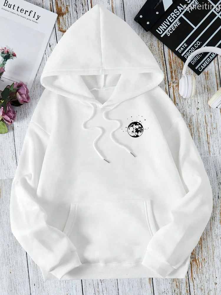 New with Different Moon Prints Front and Back Printed kangaroo pocket Hoodies Casual and Fashionable Women's Clothing