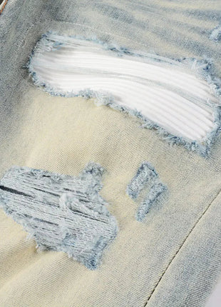 Designer High Street Fashion New Light Blue Men's Jeans Stretch Slimming White Leather Patch Hip Hop Brand Pants HombreY2K PlatiNum
