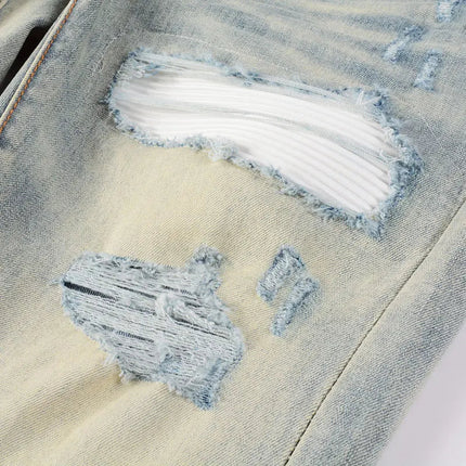 Designer High Street Fashion New Light Blue Men's Jeans Stretch Slimming White Leather Patch Hip Hop Brand Pants HombreY2K PlatiNum