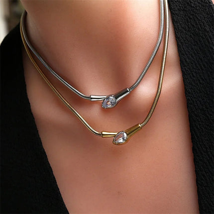 GANEMLY 316L Stainless Steel Snakehead Shining Zircon Necklace Trendy Neck Chain Choker Collar Waterproof Jewelry For Women PlatiNum