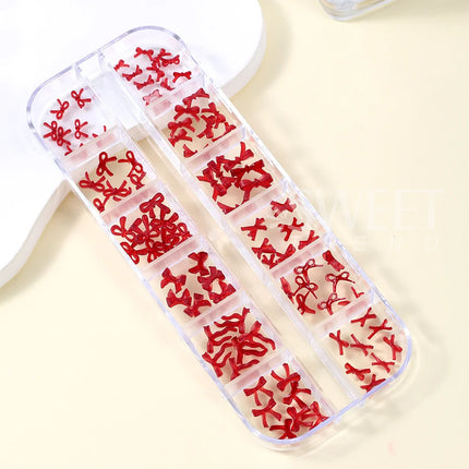 SWEET TREND-12 Grids Red Resin Bow Nail Art Charms Cute Bowknot Nail Decorations for Christmas New Year Valentine's Day Manicure