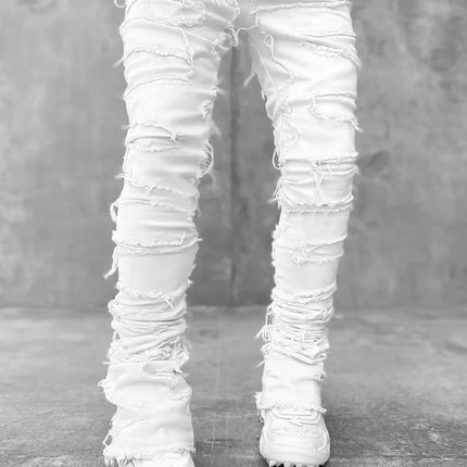 Men's Regular Fit Stacked Jeans Ripped Slim Fit Patch Distressed Destroyed Straight Denim Pants Hip Hop Streetwear Trouser Cloth PlatiNum