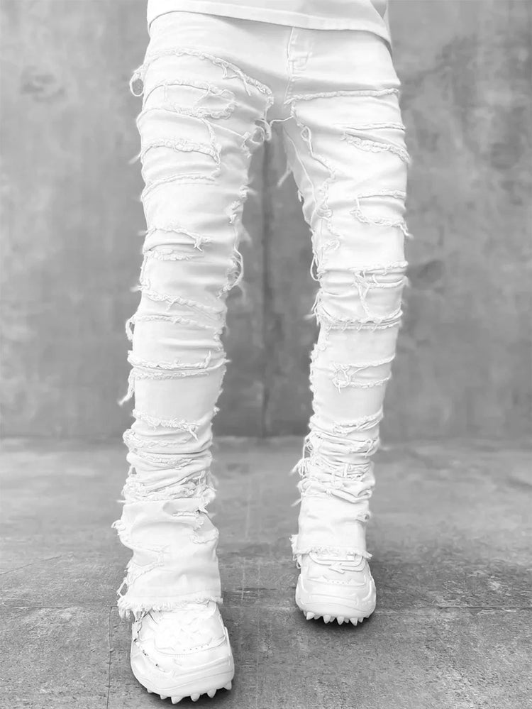 Men's Regular Fit Stacked Jeans Ripped Slim Fit Patch Distressed Destroyed Straight Denim Pants Hip Hop Streetwear Trouser Cloth PlatiNum