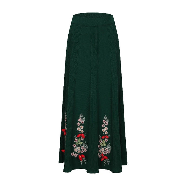 62-96cm Waist Fall Winter Long Skirts Women Elegant Handmade Embriodery Crochet Red Fruit Cashmere Wool Knitted Emerald Skirts PlatiNum