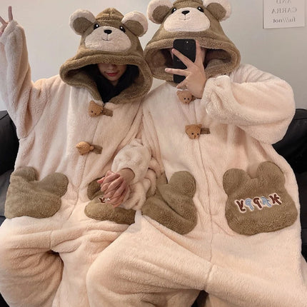 Winter Pajamas Cartoon Bear Costume Pijama Kawaii Adult Couples Kigurumis Sleepwear Jumpsuits Coral Fleece Loose Warm Homewear