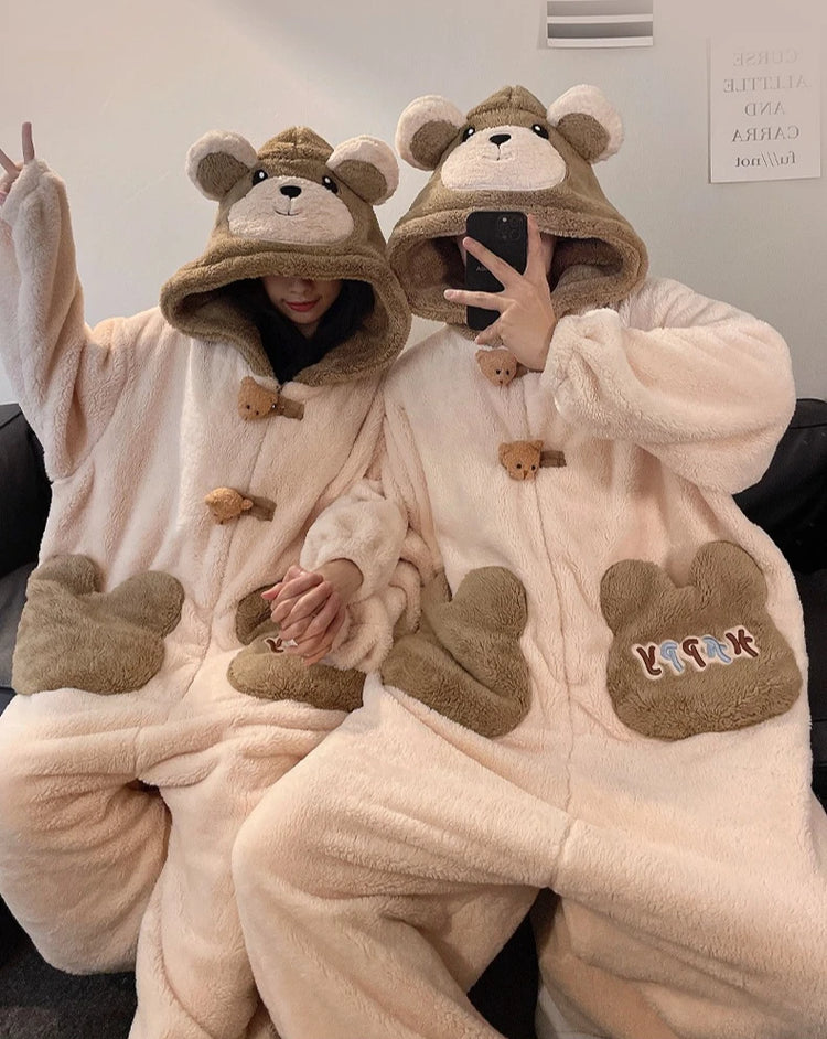 Winter Pajamas Cartoon Bear Costume Pijama Kawaii Adult Couples Kigurumis Sleepwear Jumpsuits Coral Fleece Loose Warm Homewear