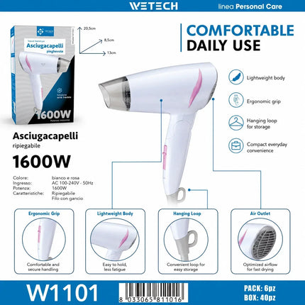 1600W Dual Voltage Hair Dryer Foldable Design 100-240V Portable Travel Hairdryer Hot Cold Air Styling Tool Hotel Use