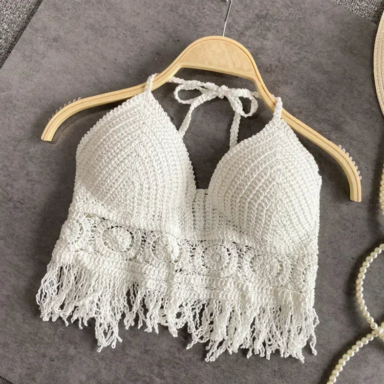 Sexy Boho Beach Holiday Canotta Halter Donna Crochet Maglia Costume da bagno Reggiseno Backless Vest Hollow Nappa Canotta Crop Top da donna platinumshop
