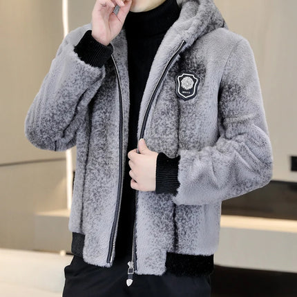 Autumn Winter Faux Fur Hooded Jacket Men Fashion Social Faux Mink Fur Casual Business Jacket Thick Warm Outdoor Windproof Coat