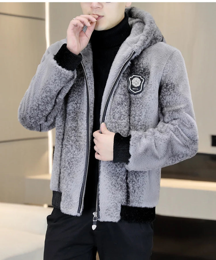Autumn Winter Faux Fur Hooded Jacket Men Fashion Social Faux Mink Fur Casual Business Jacket Thick Warm Outdoor Windproof Coat