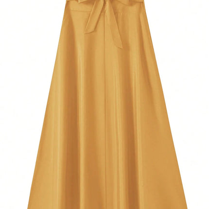 Nuovi abiti Gonne a trapezio tinta unita per abbigliamento donna Gonna lunga a vita alta elastica da donna con fiocco Gonne eleganti da donna