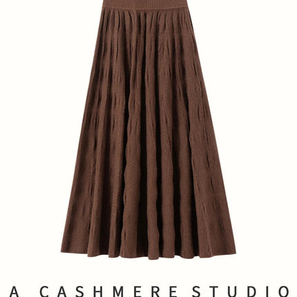 Women Cashmere Skirt A-Line Jacquard Elastic Waist Flared Skirt Autumn Winter 100% Cashmere Knitted Office Lady Curled Hem Dress PlatiNum