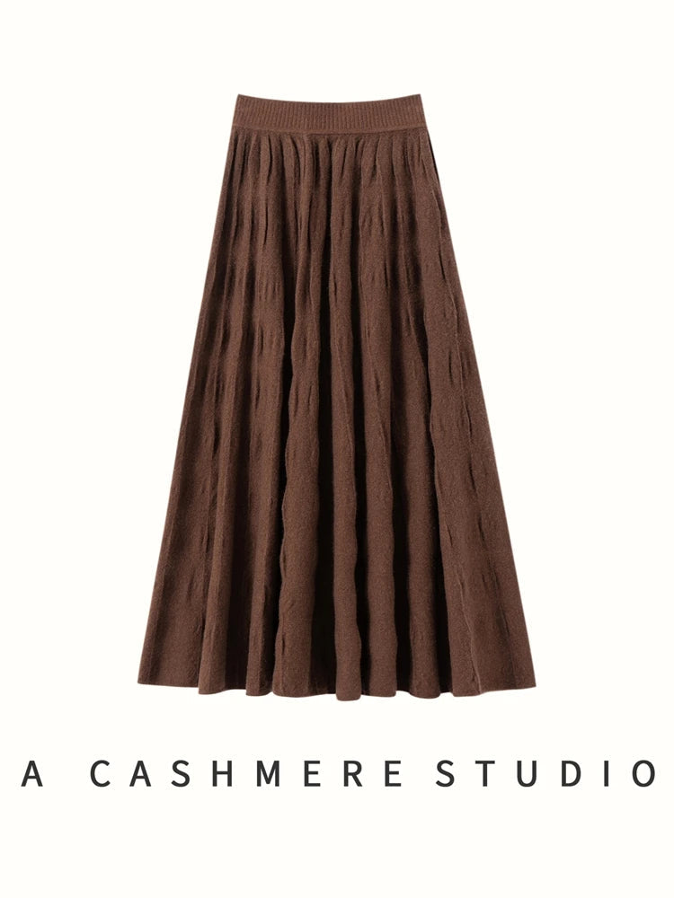 Women Cashmere Skirt A-Line Jacquard Elastic Waist Flared Skirt Autumn Winter 100% Cashmere Knitted Office Lady Curled Hem Dress PlatiNum