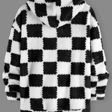 Men's Black & White Checkerboard Fleece Hooded Zip-Up Jacket Winter Thick Warm Sherpa Casual Coat