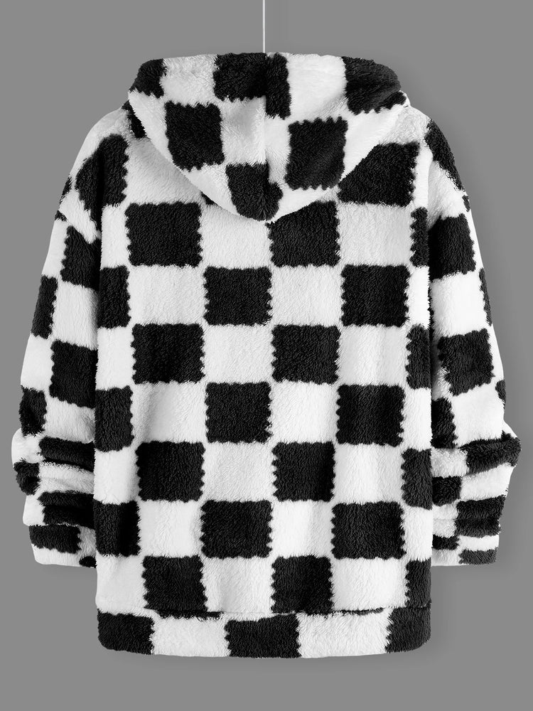 Men's Black & White Checkerboard Fleece Hooded Zip-Up Jacket Winter Thick Warm Sherpa Casual Coat