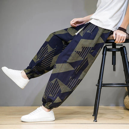 Pantaloni Primavera-Estate da Uomo in Stile Cinese, Sottili e Traspiranti in Cotone e Lino, con Vita Elastica, Pantaloni Harem Stampati Casual e Comodi