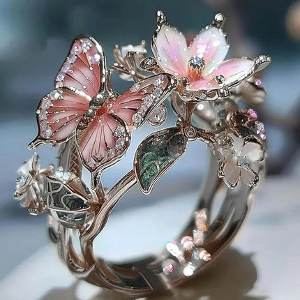 Aesthetic Flower Butterfly Rings for Female Romantic Rhinestone Stylish Non-fading Opening Ring Women Wedding Jewelry Party Gift PlatiNum