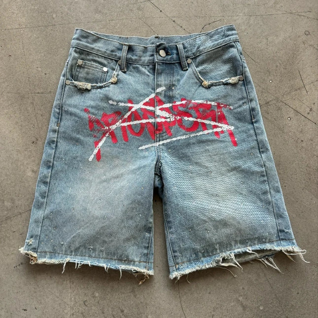 Y2K Graffiti Jorts Pantalones cortos vaqueros estampados efecto desgastado con strass Hombre Mujer Tendencia Retro Hip Hop Streetwear Pantalones cortos anchos unisex