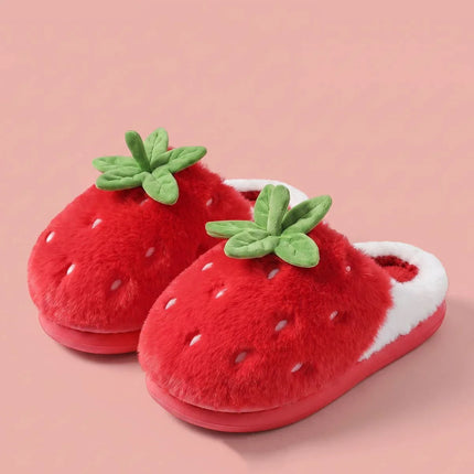 Women's Cotton Slippers Cute Strawberry Furry Fur House Winter Warm Plush Fluffy Slippers Women Chunky Sole Platform GirlsShoes