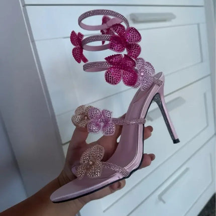 Aneikeh Elegant Pink Wedding Shoes CRYSTAL Bow High Heels Sandals Woman Summer Ankle Strap Thin High Heels Open Toed Party Shoes PlatiNum