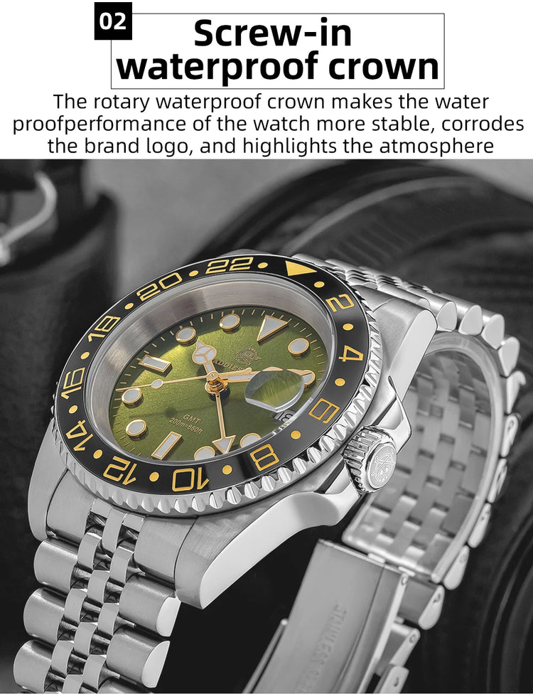 ADDIESDIVE 40mm GMT Watch Men Top Brand Quartz Wristwatch Luxury Ceramic Bezel 20Bar Diving Waterproof Luminous Watch AD2050