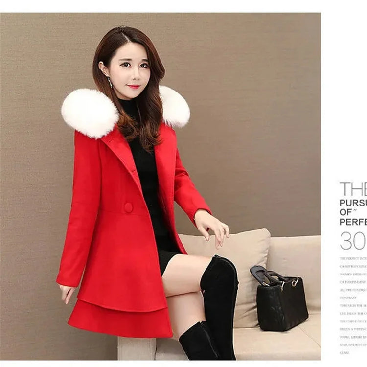 2023 New Winter Women's Woolen Blend Coat A-Line Double-Breasted Jackets Female Fur Collar Office Lady Wool Outwear