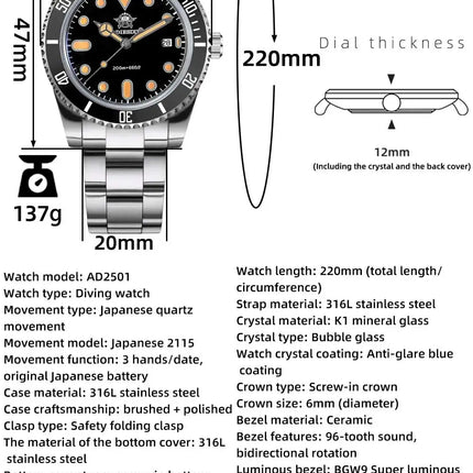 ADDIESDIVE Men's Gift Box Luxury Diver Watch Super Luminous Bubble Mirror Glass Quartz Watch 20Bar Ceramic Bezel Steel Watch