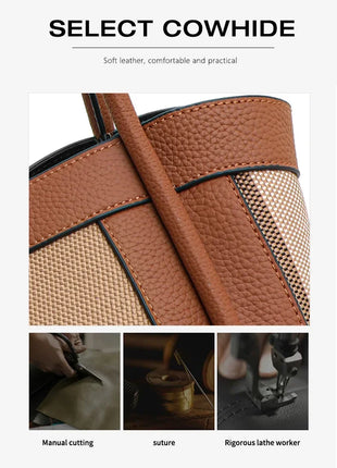 Borsa Tote in Tessuto a Righe con Bordi in Ecopelle, Manico Largo, Borsa a Spalla Grande per Uso Quotidiano e Pendolarismo