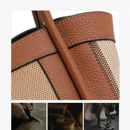 Borsa Tote in Tessuto a Righe con Bordi in Ecopelle, Manico Largo, Borsa a Spalla Grande per Uso Quotidiano e Pendolarismo