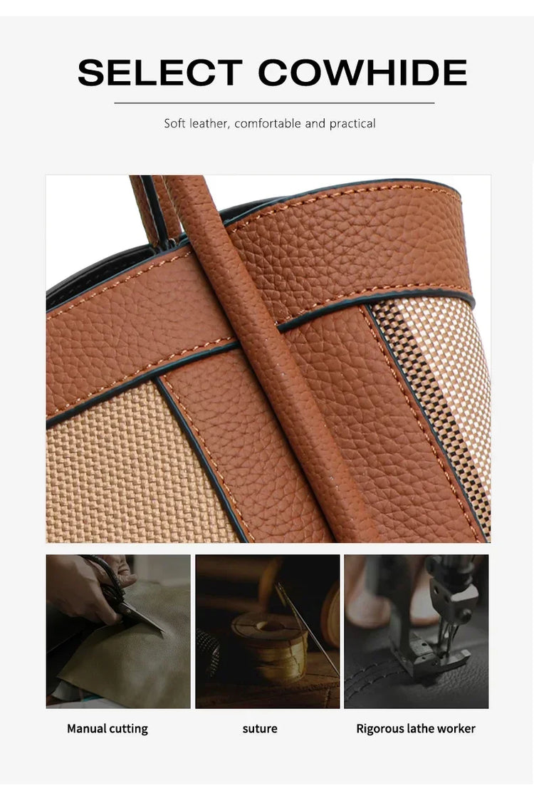 Borsa Tote in Tessuto a Righe con Bordi in Ecopelle, Manico Largo, Borsa a Spalla Grande per Uso Quotidiano e Pendolarismo