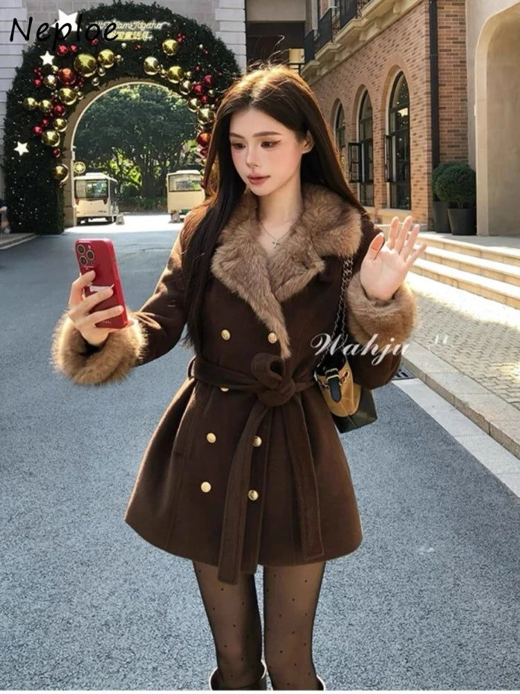 Neploe Fashion New French Style Vintage Coat Lace Up Woolen Slim Waist Premium Jackets Age Reduction Preppy Style American Tops