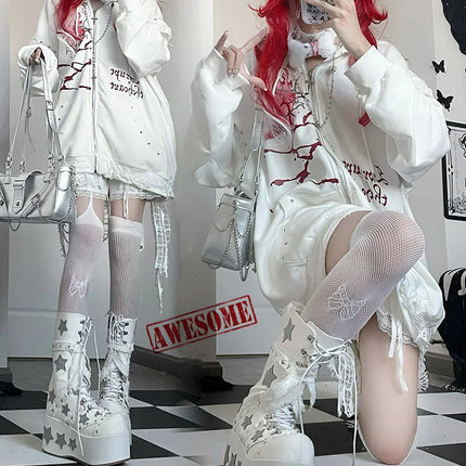 Original Print Subculture Dark Loose Cat Ear Distressed Hooded Sweatshirt Jacket Zip Up Hoodie Oversized Hoodie
