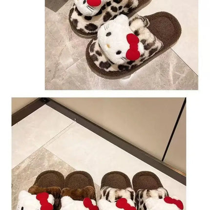 Women Cute Cartoon Cat Leopard Print Plush Slippers Warm Fuzzy Non-Slip Soft Sole Winter Indoor Bedroom Cozy House Home Shoes