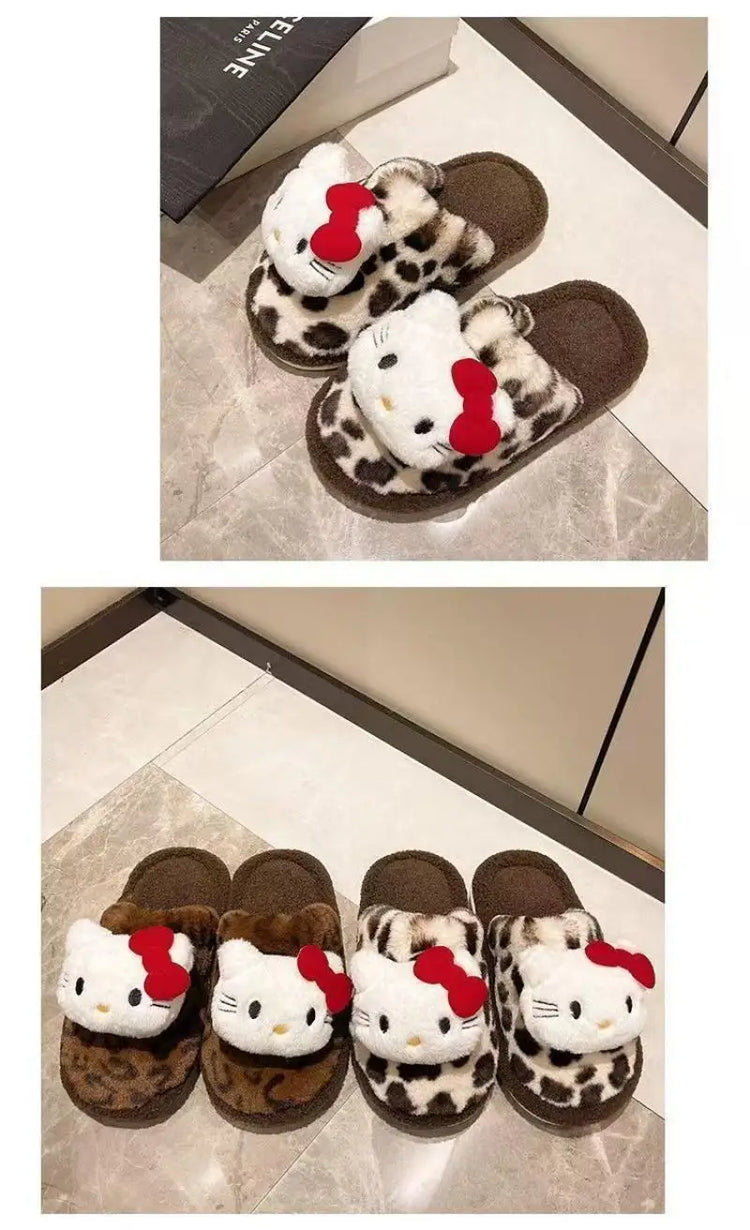Women Cute Cartoon Cat Leopard Print Plush Slippers Warm Fuzzy Non-Slip Soft Sole Winter Indoor Bedroom Cozy House Home Shoes