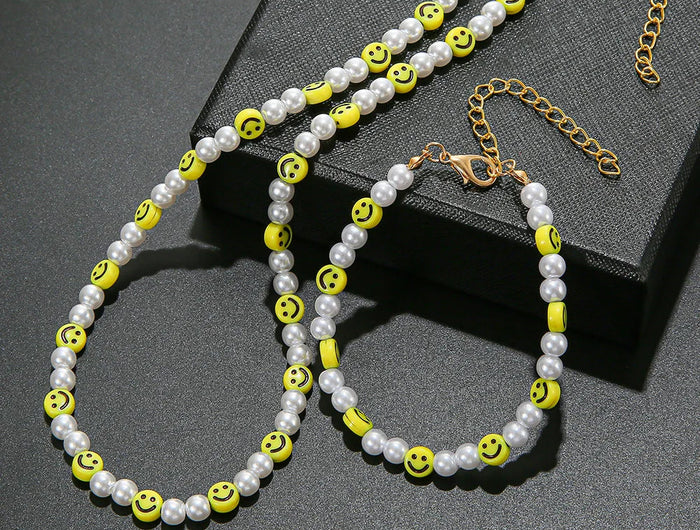 Bracciale con collana con volto sorridente di perle divertenti per donna Uomo Vitalità Sorriso colorato Accessori girocollo con perline Set di gioielli di moda platinumshop