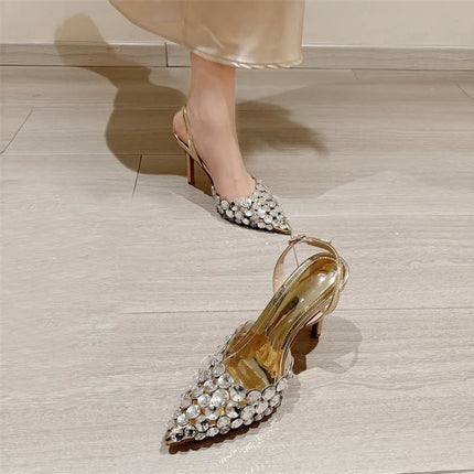 Hlieny Hollow Out Patent Leather Women Pumps Fashion Crystal Diamonds Pointed Toe Gold Silver High Heels Shoes Stiletto Sandals PlatiNum
