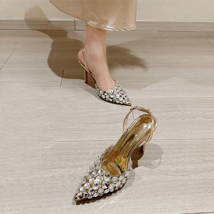 Hlieny Hollow Out Patent Leather Women Pumps Fashion Crystal Diamonds Pointed Toe Gold Silver High Heels Shoes Stiletto Sandals PlatiNum