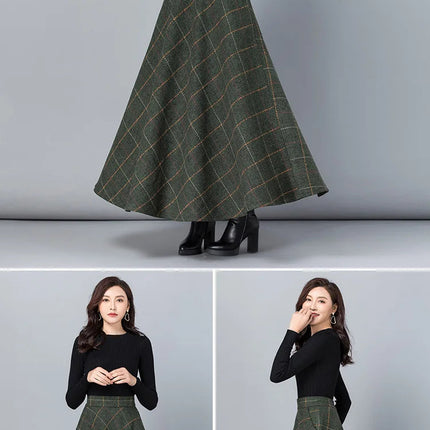 New Women Thick Woolen Skirt Autumn Winter Fashion Elastic High Waist A-Line Long Plaid Skirt Elegant Easy Match Wool Skirt PlatiNum