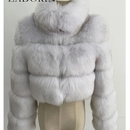 ZADORIN Fashion Cropped Faux Fur Coat Woman Warm Stand Fur Collar Slim Fluffy Fur Jacket Woman Tops Winter Fur Coats Streetwear