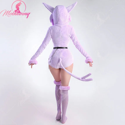 MOBBUNNY Espeon Cosplay Costume Women Hooded Bodysuit Tail Socks Suit Cute Cartoon Flannel Pajamas Bunny Girl Plush Jumpsuit