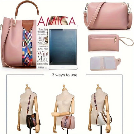 Set di 4 Borse da Donna in Pelle PU: Borsa a Tracolla, Borsa a Mano, Pochette e Portacarte