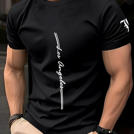 Men's crew neck training t-shirt, loose and breathable, quick-drying with letter print on durable casual outdoor fabric