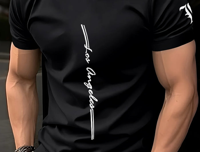 Men's crew neck training t-shirt, loose and breathable, quick-drying with letter print on durable casual outdoor fabric
