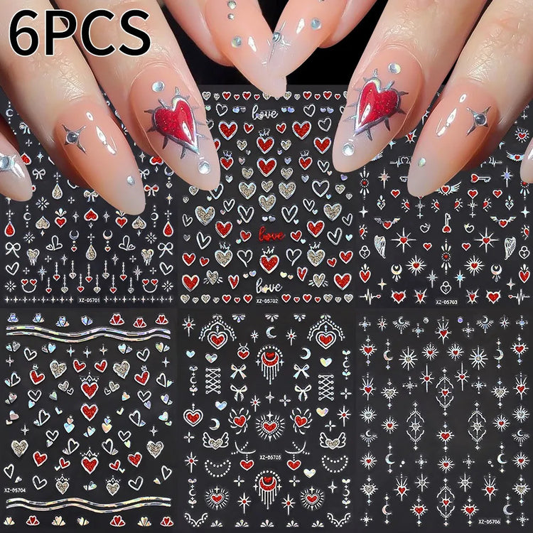 8pc 3D Mixed Color Heart Nail Stickers Valentines' Day Sweet Red Pink Love Selfadhesive Nail Decoration Decals Manicure 2027