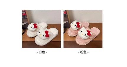 Sanrio Hello Kitty Women's 3D Cartoon Fluffy Teddy Fleece Open Toe Slippers Soft Non-Slip Sole Comfy Indoor Bedroom House Slides