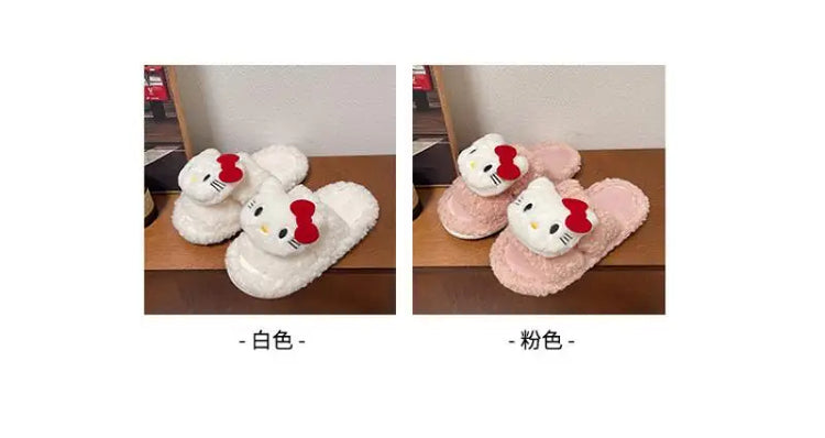 Sanrio Hello Kitty Women's 3D Cartoon Fluffy Teddy Fleece Open Toe Slippers Soft Non-Slip Sole Comfy Indoor Bedroom House Slides